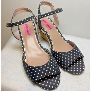 Betsey Johnson Athena Wedge Sandal Strap 7.5 Black/White Polka Dot/New